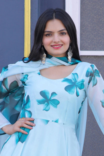Women's Floral Printed Anarkali Maxi Dress with Dupatta