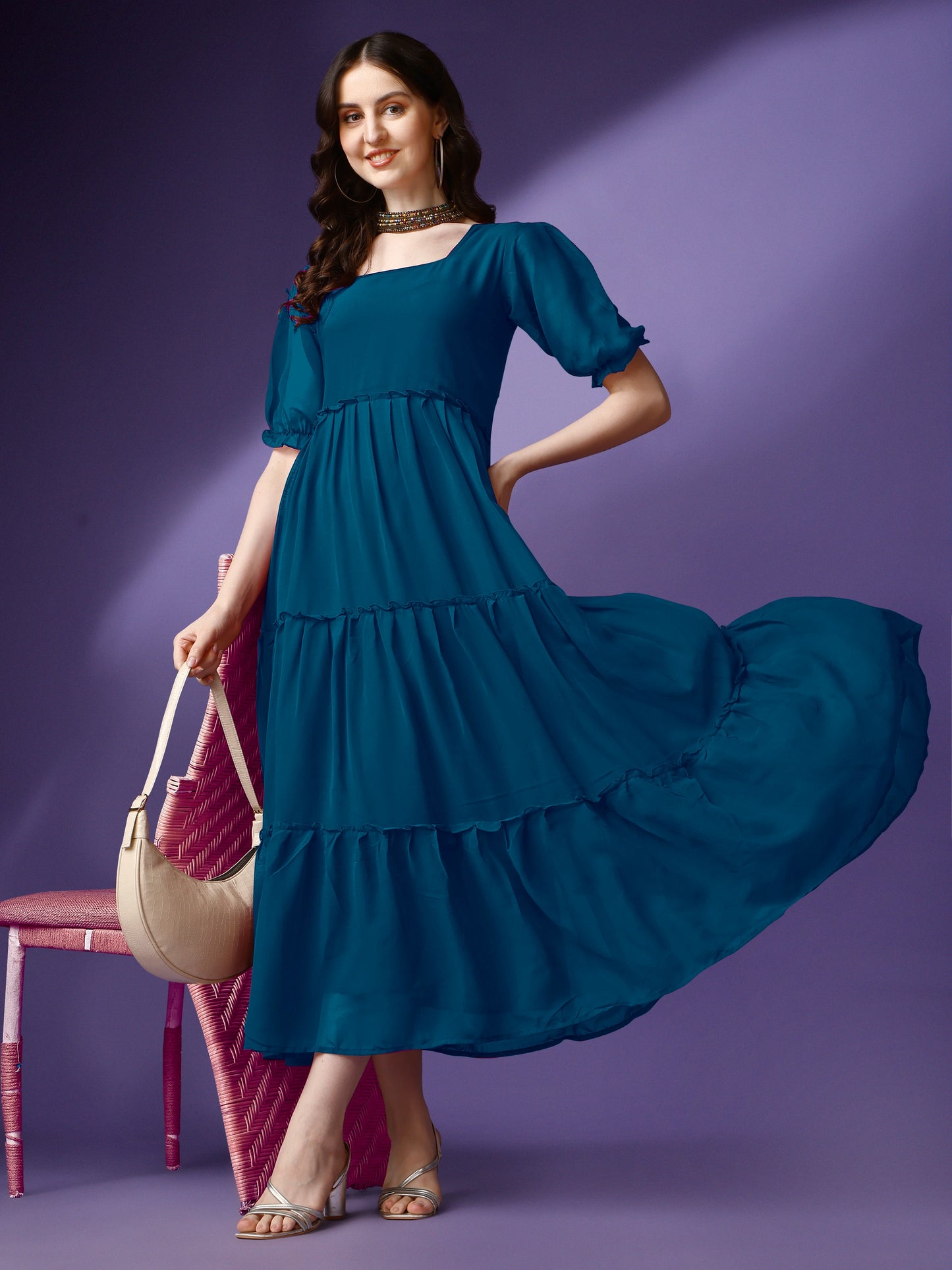 Women's Tiered Square Neck Maxi Dress with Puff Sleeves