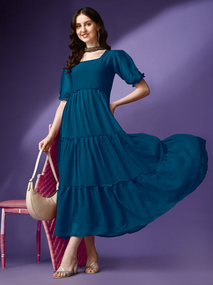 Women's Tiered Square Neck Maxi Dress with Puff Sleeves