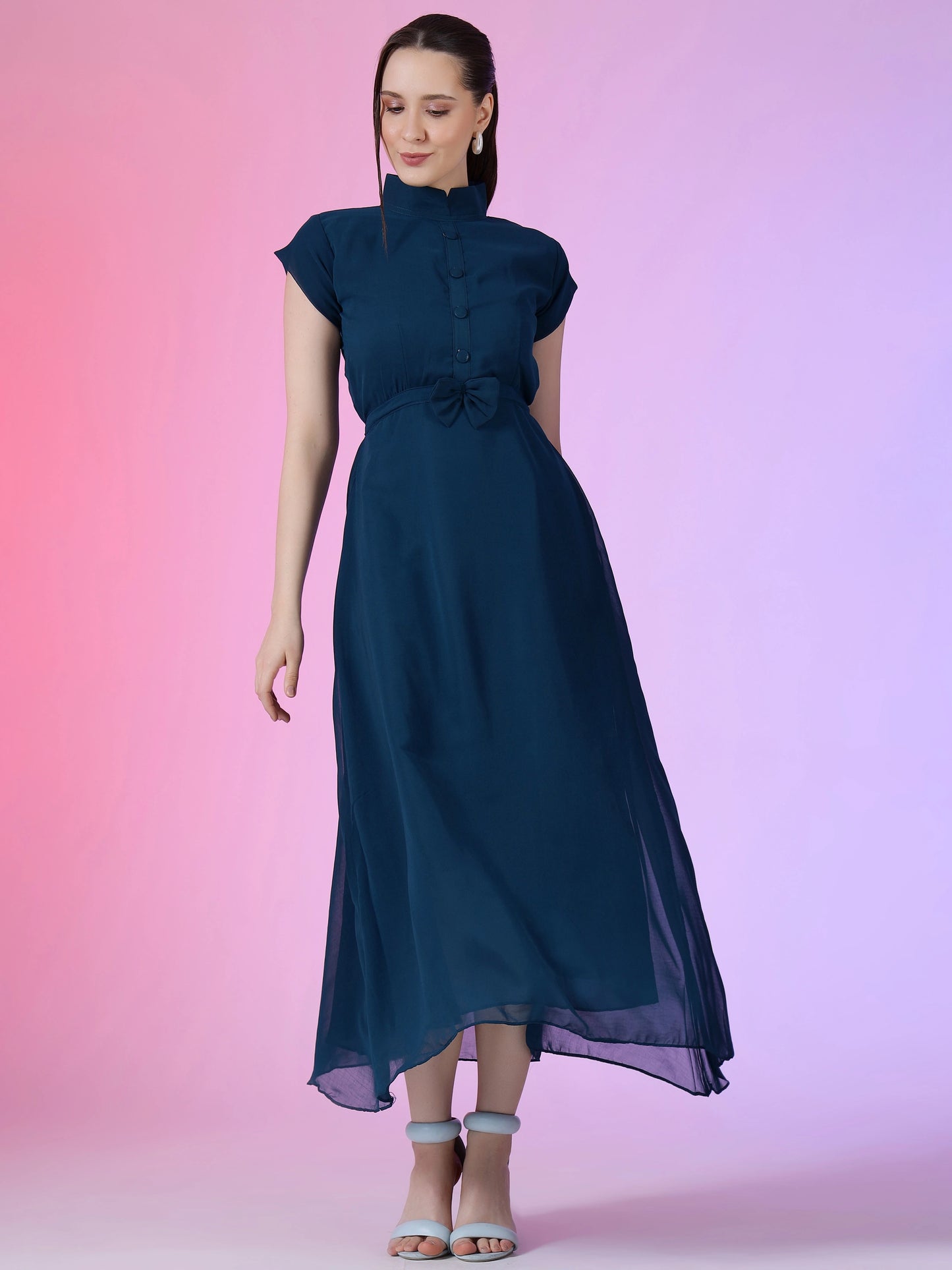 Women's Elegant Mandarin Collar Chiffon Maxi Dress with Waist Bow