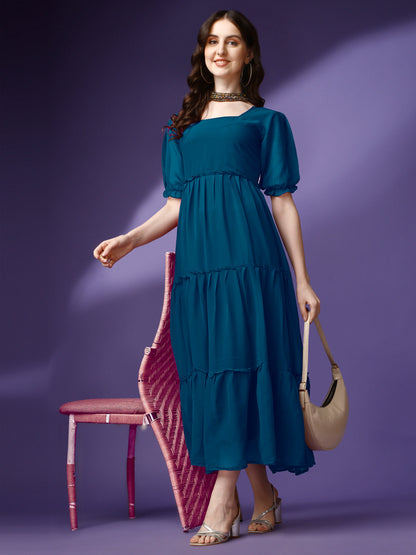 Women's Tiered Square Neck Maxi Dress with Puff Sleeves