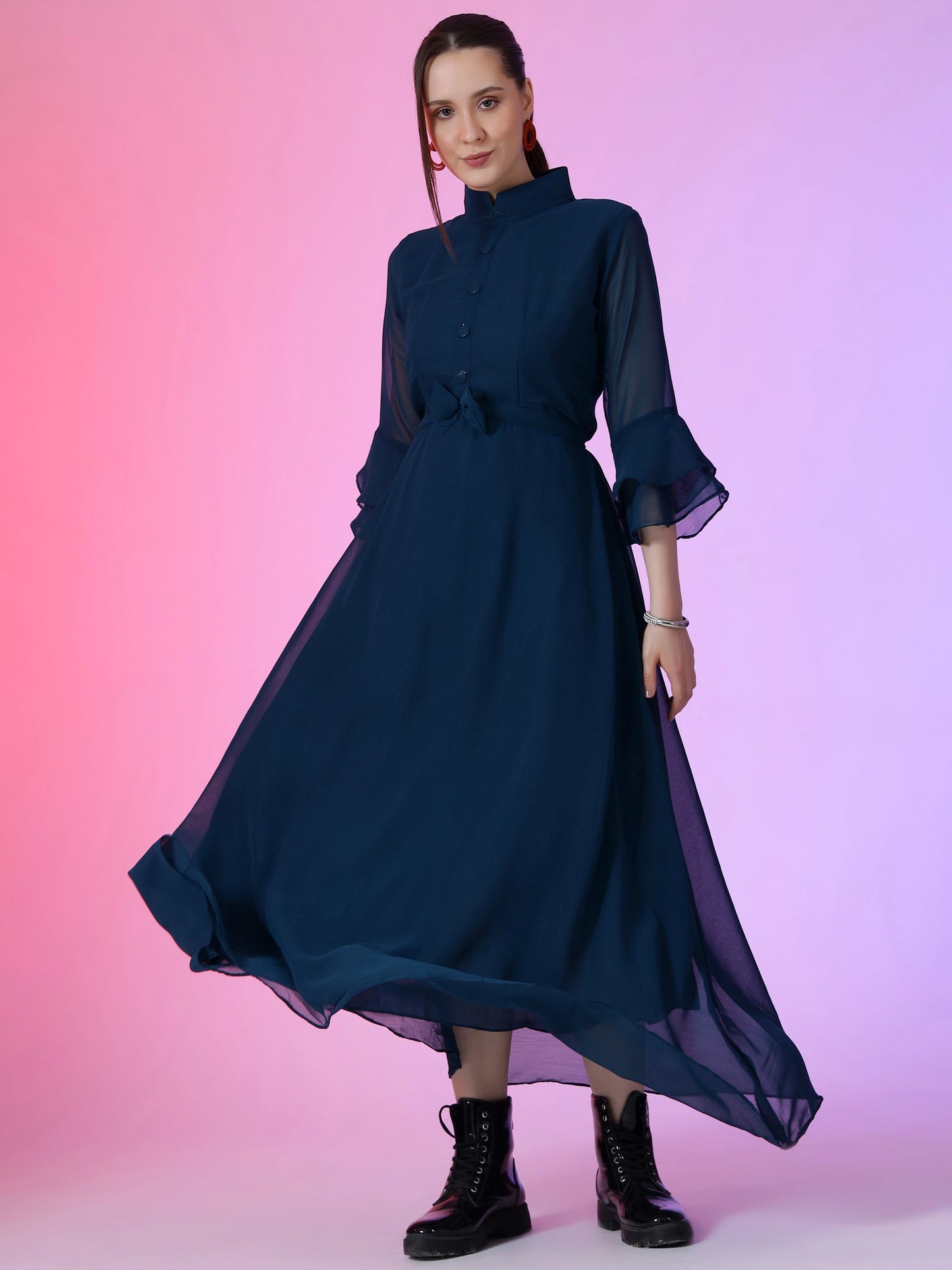 Women's Solid Mandarin Collar Flared Maxi Dress with Sheer Bell Sleeves