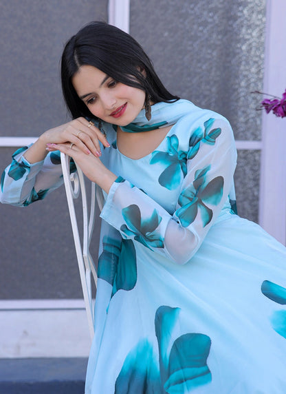 Women's Floral Printed Anarkali Maxi Dress with Dupatta