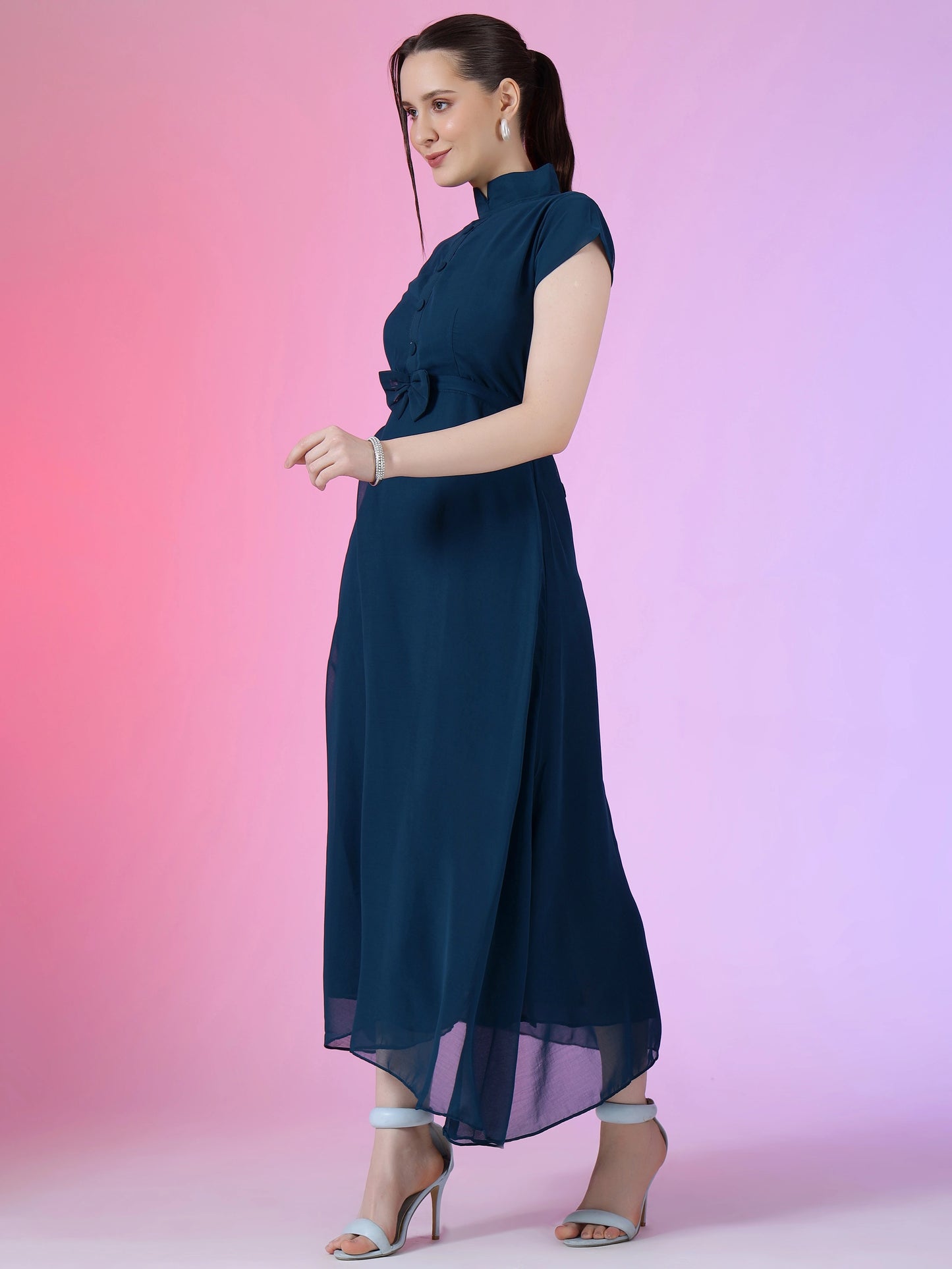 Women's Elegant Mandarin Collar Chiffon Maxi Dress with Waist Bow
