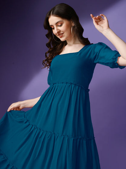 Women's Tiered Square Neck Maxi Dress with Puff Sleeves
