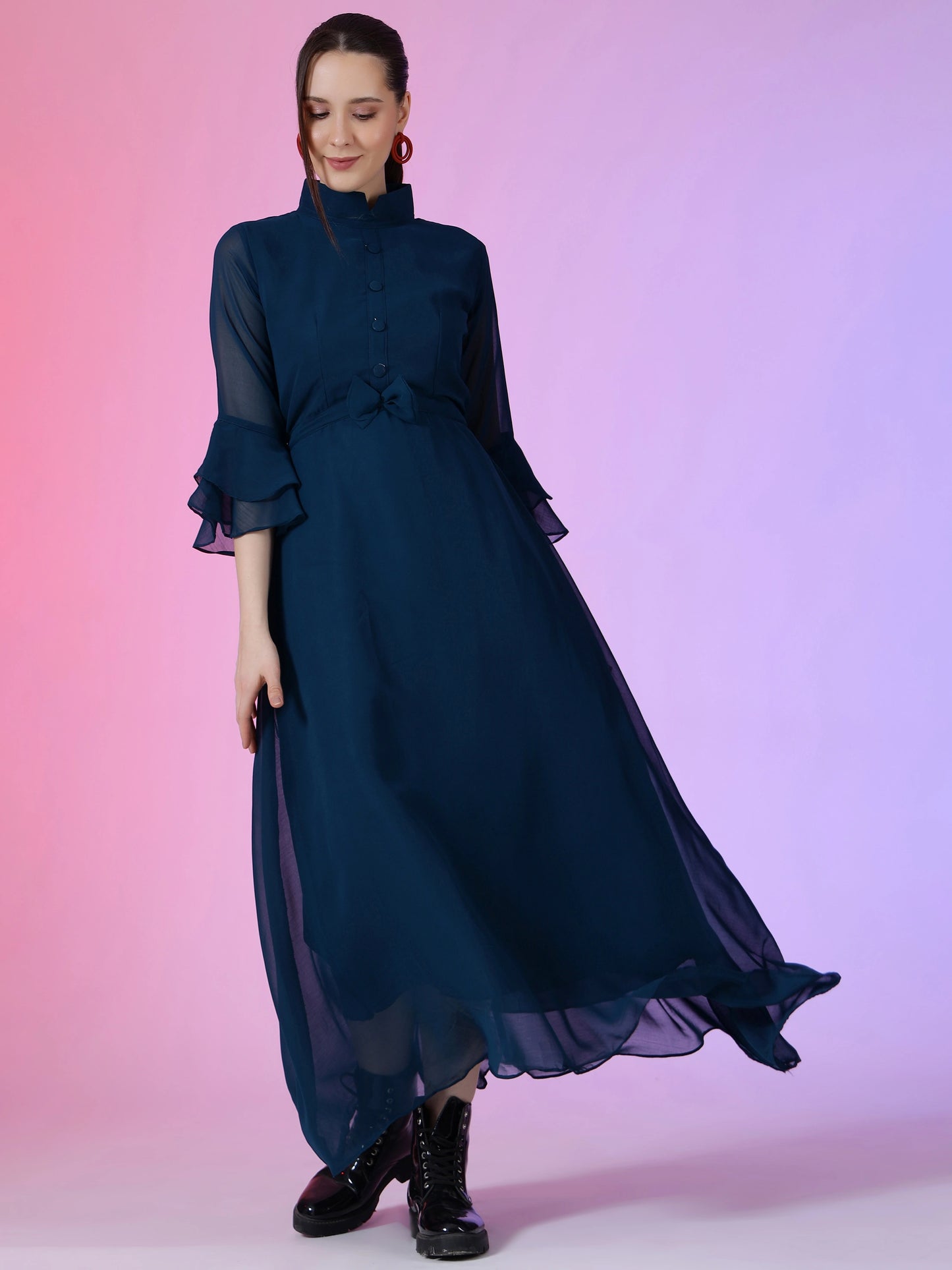 Women's Solid Mandarin Collar Flared Maxi Dress with Sheer Bell Sleeves