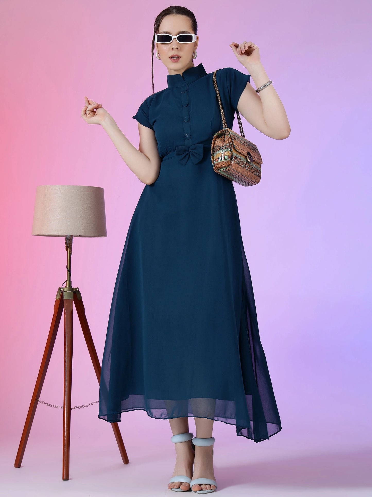 Women's Elegant Mandarin Collar Chiffon Maxi Dress with Waist Bow