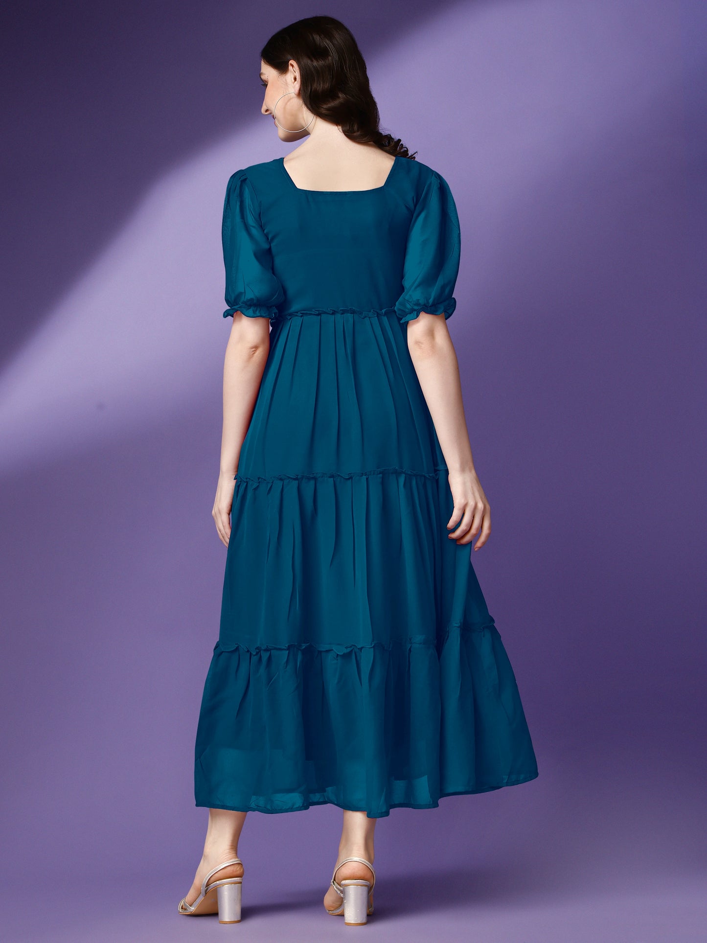 Women's Tiered Square Neck Maxi Dress with Puff Sleeves