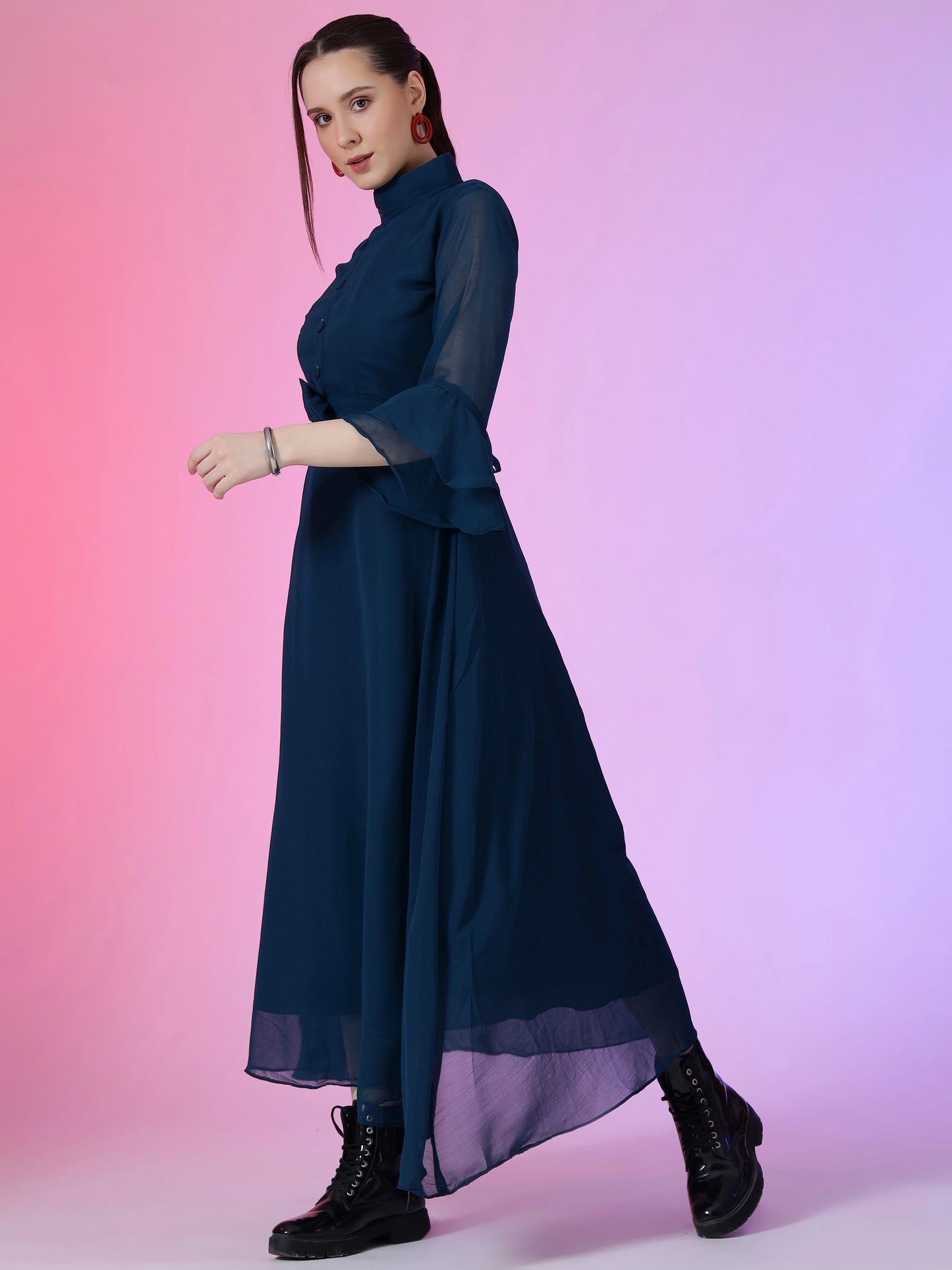 Women's Solid Mandarin Collar Flared Maxi Dress with Sheer Bell Sleeves