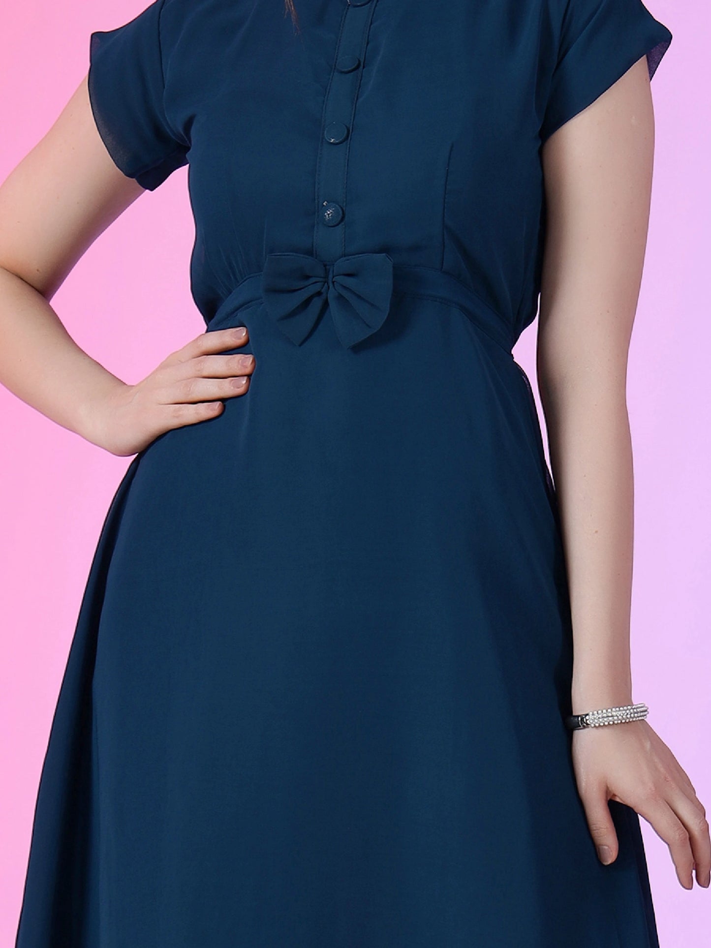 Women's Elegant Mandarin Collar Chiffon Maxi Dress with Waist Bow