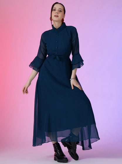 Women's Solid Mandarin Collar Flared Maxi Dress with Sheer Bell Sleeves