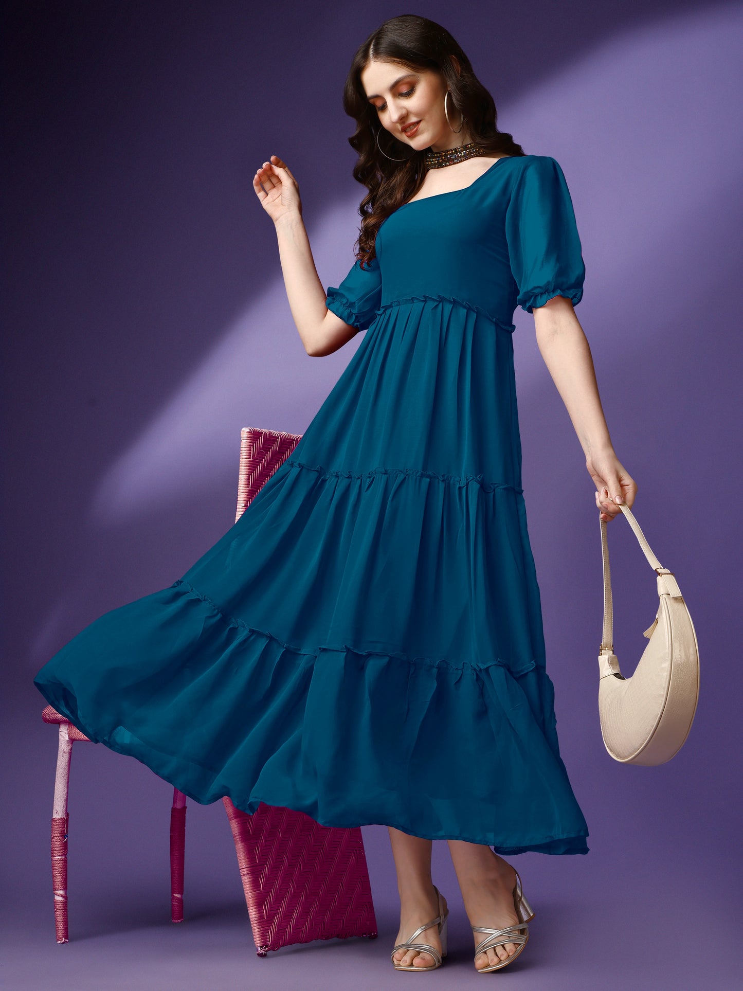 Women's Tiered Square Neck Maxi Dress with Puff Sleeves