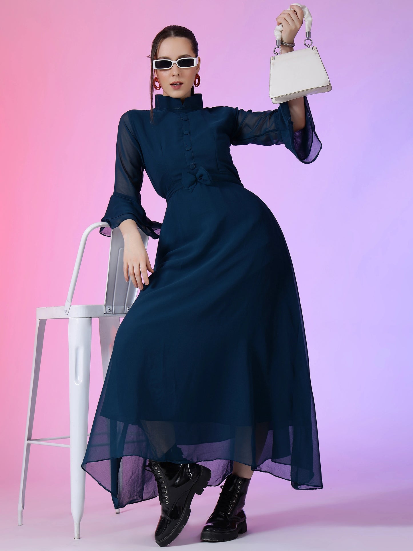 Women's Solid Mandarin Collar Flared Maxi Dress with Sheer Bell Sleeves