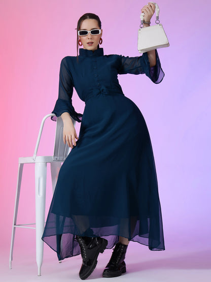 Women's Solid Mandarin Collar Flared Maxi Dress with Sheer Bell Sleeves