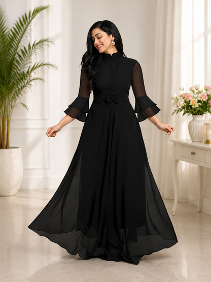 LooksValley Black Georgette Maxi Dress for Women | Elegant Party Wear Flared Gown