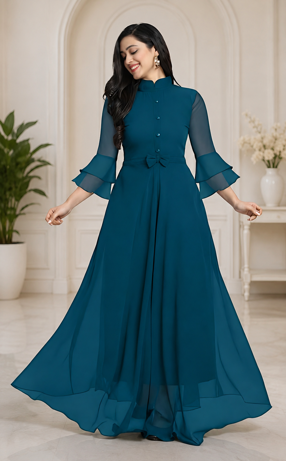 LooksValley Teal Blue Georgette Maxi Dress for Women | Elegant Party Wear Flared Gown