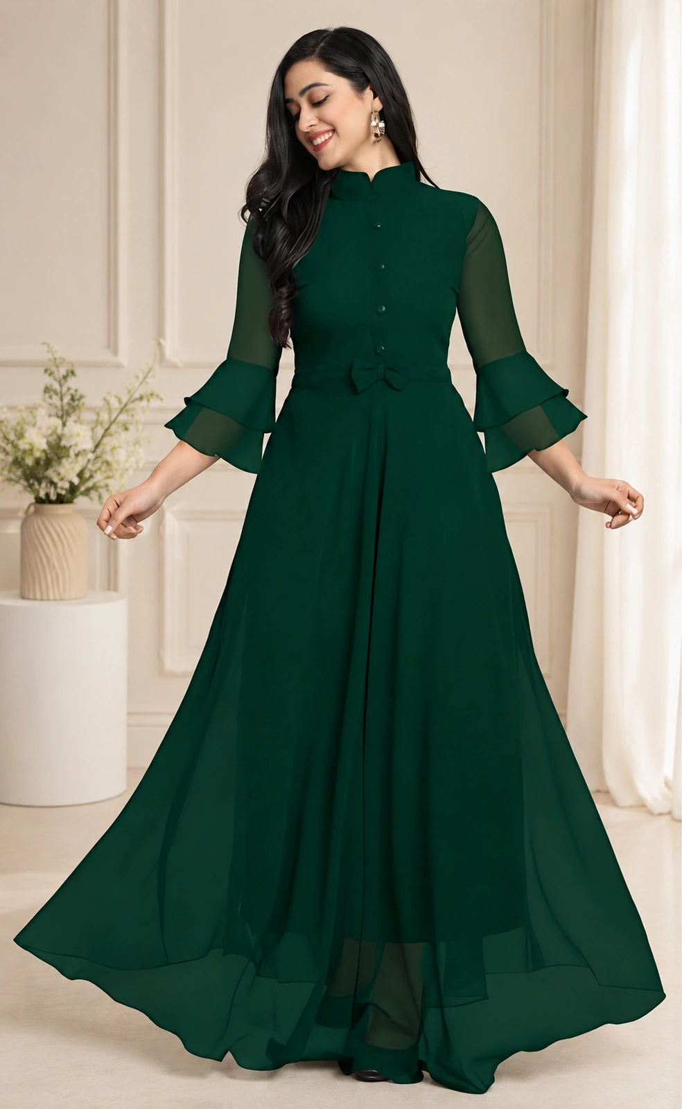 Women's Solid Mandarin Collar Flared Maxi Dress with Sheer Bell Sleeves