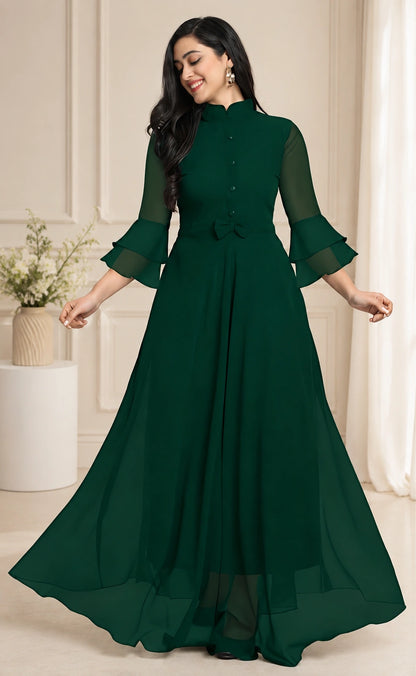 Women's Solid Mandarin Collar Flared Maxi Dress with Sheer Bell Sleeves