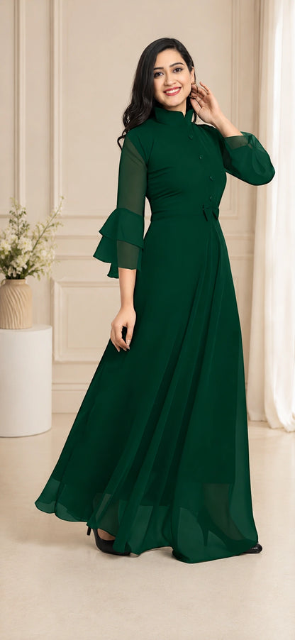 Women's Solid Mandarin Collar Flared Maxi Dress with Sheer Bell Sleeves