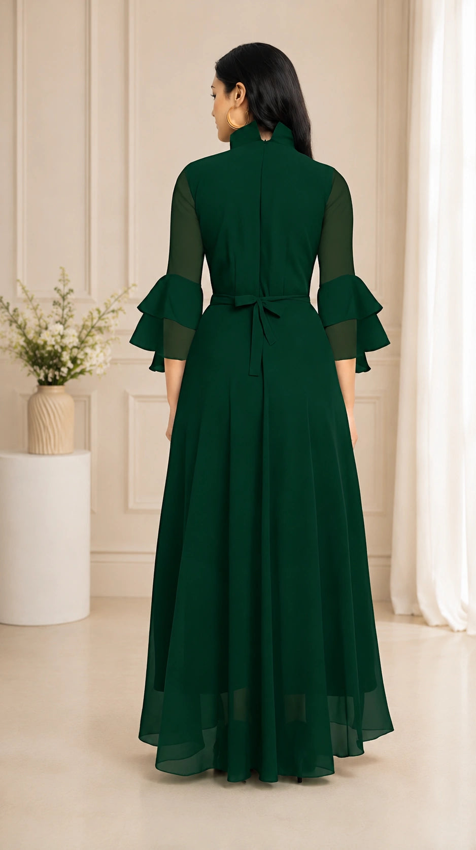 Women's Solid Mandarin Collar Flared Maxi Dress with Sheer Bell Sleeves