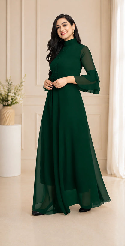 Women's Solid Mandarin Collar Flared Maxi Dress with Sheer Bell Sleeves