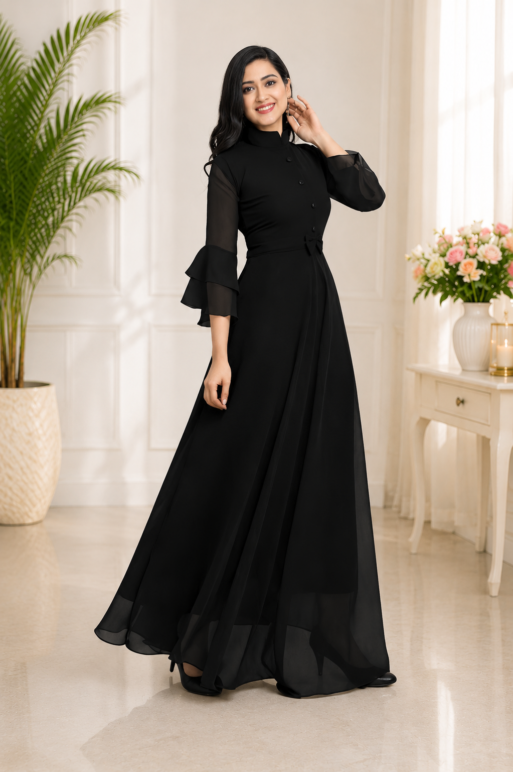 LooksValley Black Georgette Maxi Dress for Women | Elegant Party Wear Flared Gown