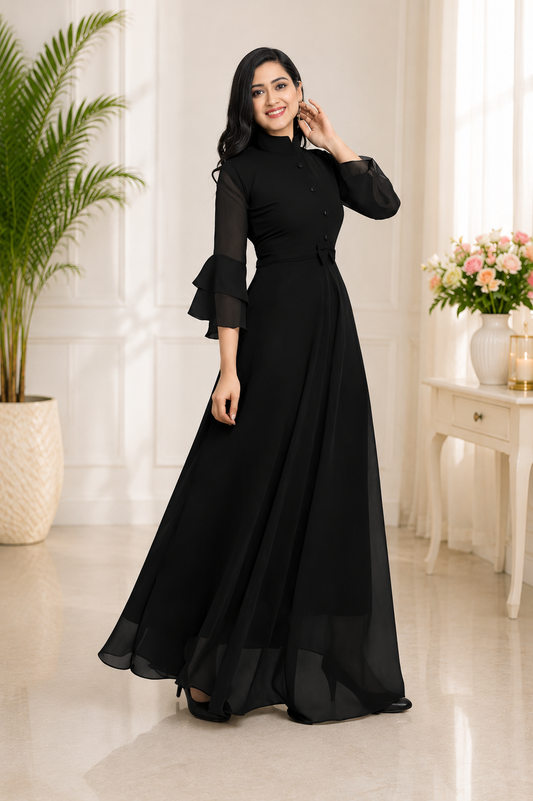 LooksValley Black Georgette Maxi Dress for Women | Elegant Party Wear Flared Gown
