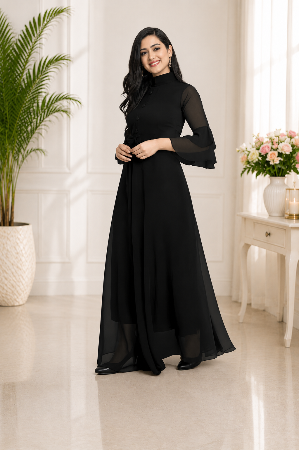 LooksValley Black Georgette Maxi Dress for Women | Elegant Party Wear Flared Gown