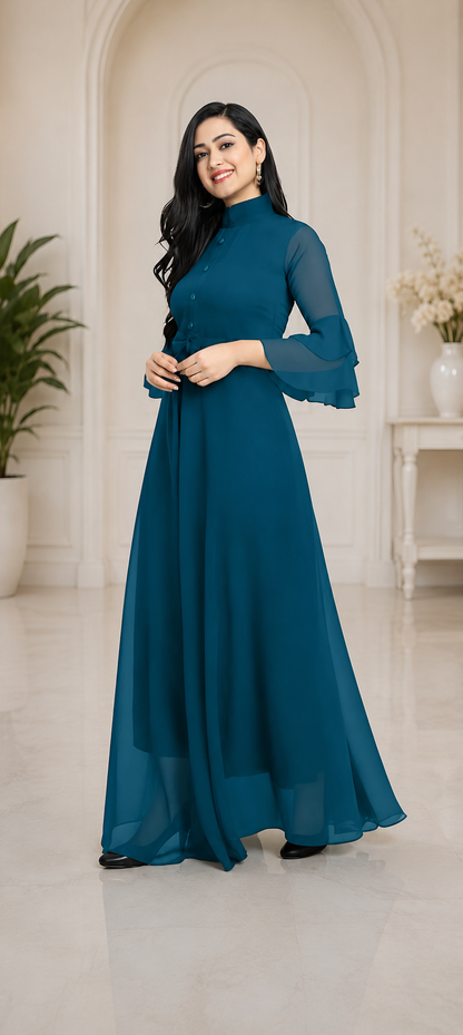 LooksValley Teal Blue Georgette Maxi Dress for Women | Elegant Party Wear Flared Gown
