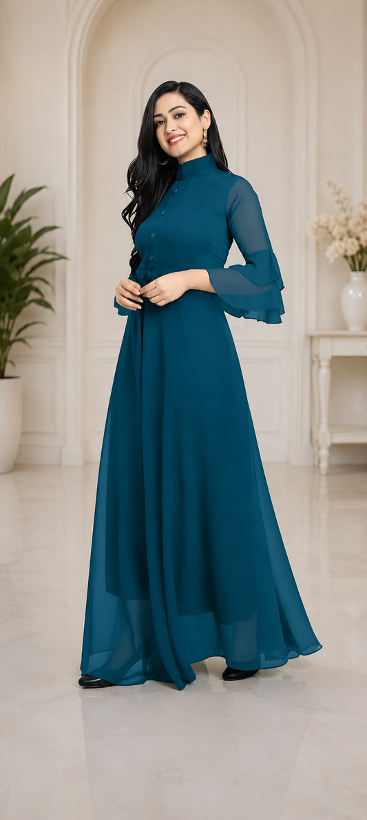 LooksValley Teal Blue Georgette Maxi Dress for Women | Elegant Party Wear Flared Gown