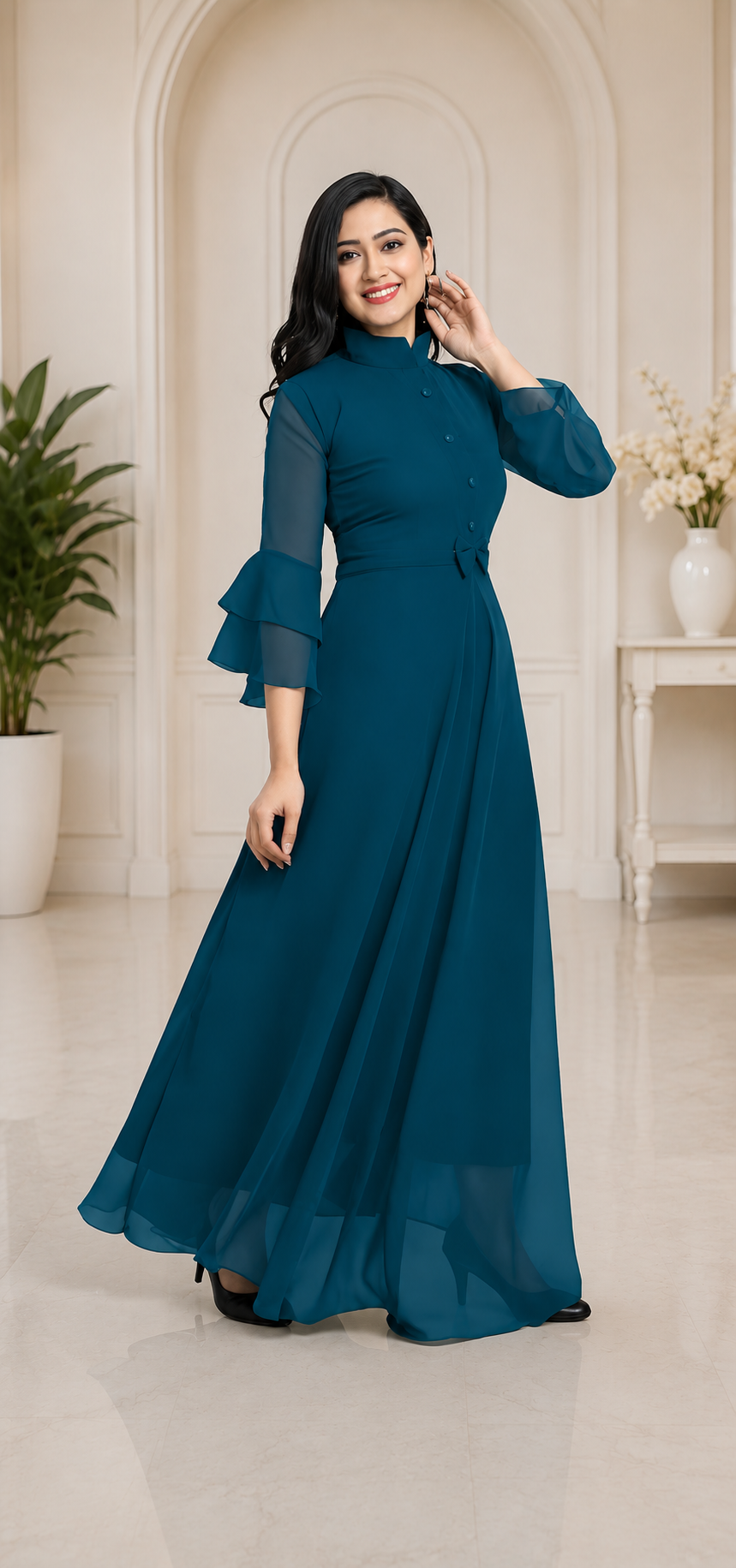 LooksValley Teal Blue Georgette Maxi Dress for Women | Elegant Party Wear Flared Gown