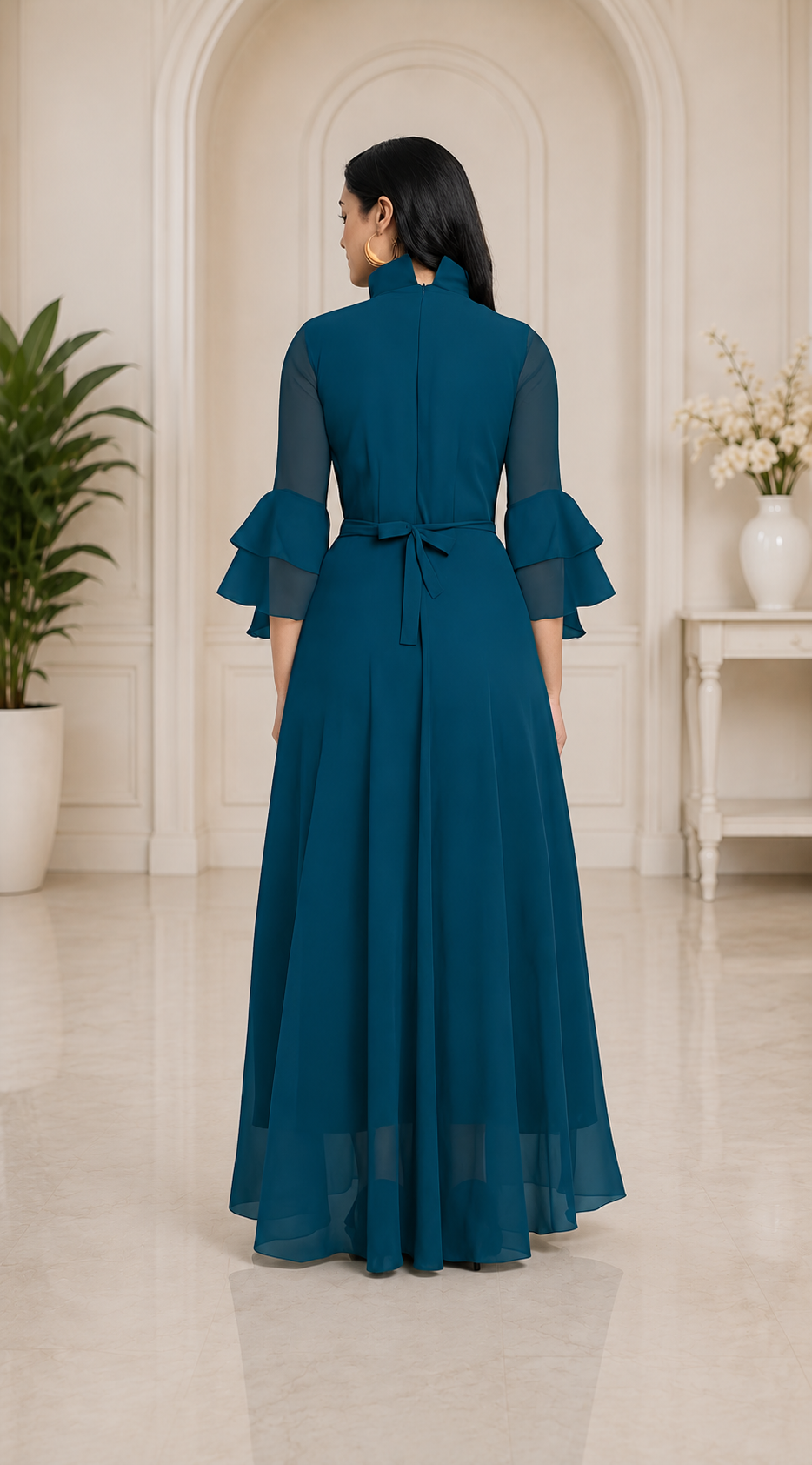LooksValley Teal Blue Georgette Maxi Dress for Women | Elegant Party Wear Flared Gown