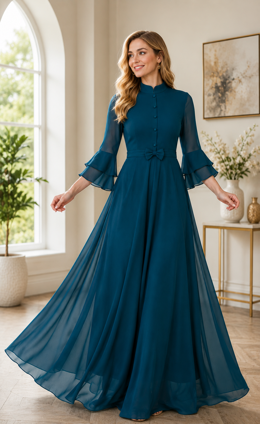 LooksValley Teal Blue Georgette Maxi Dress for Women | Elegant Party Wear Flared Gown