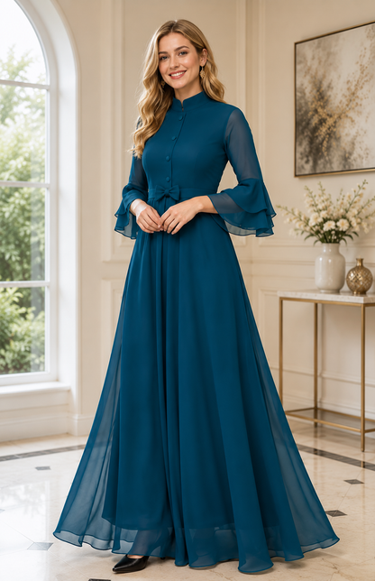 LooksValley Teal Blue Georgette Maxi Dress for Women | Elegant Party Wear Flared Gown