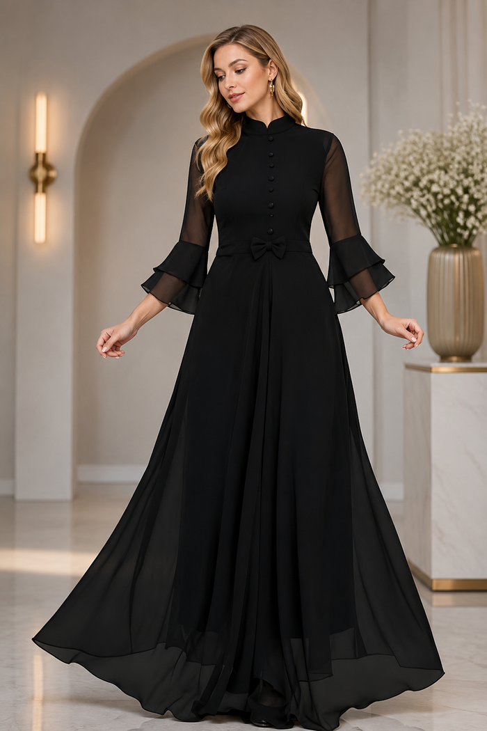 LooksValley Black Georgette Maxi Dress for Women | Elegant Party Wear Flared Gown