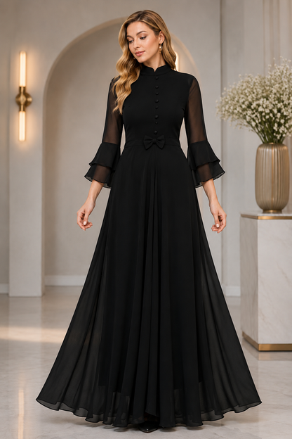 LooksValley Black Georgette Maxi Dress for Women | Elegant Party Wear Flared Gown