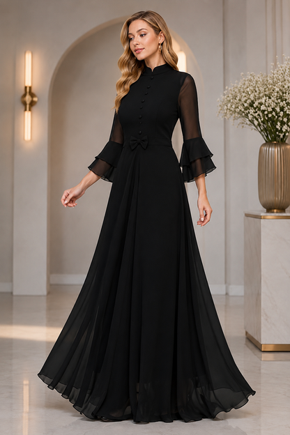 LooksValley Black Georgette Maxi Dress for Women | Elegant Party Wear Flared Gown