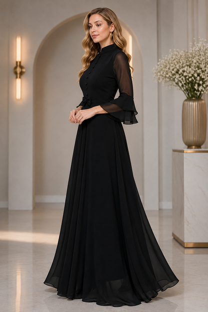 LooksValley Black Georgette Maxi Dress for Women | Elegant Party Wear Flared Gown