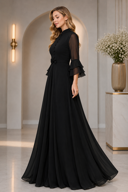 LooksValley Black Georgette Maxi Dress for Women | Elegant Party Wear Flared Gown