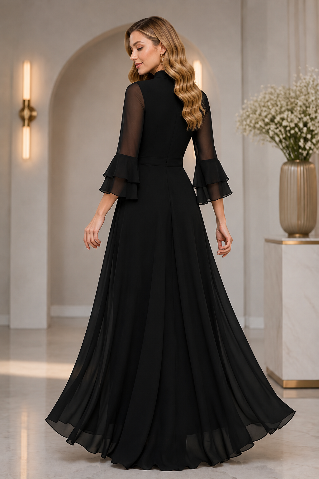 LooksValley Black Georgette Maxi Dress for Women | Elegant Party Wear Flared Gown