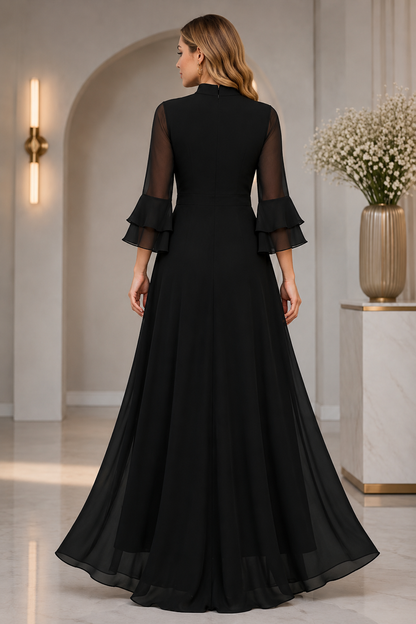 LooksValley Black Georgette Maxi Dress for Women | Elegant Party Wear Flared Gown