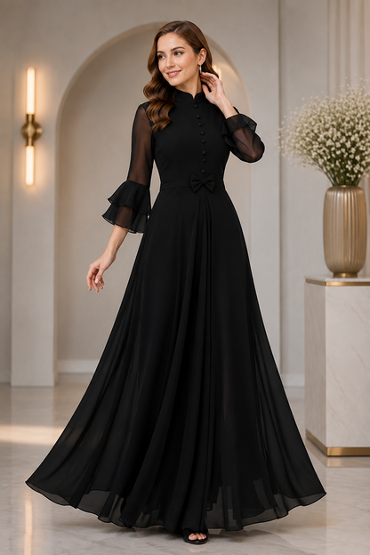 LooksValley Black Georgette Maxi Dress for Women | Elegant Party Wear Flared Gown