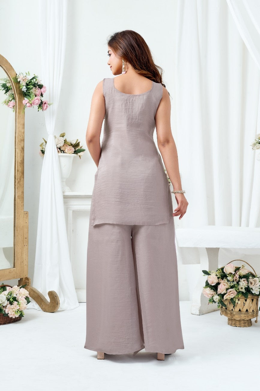 LooksValley Grey Beads Sequence Kurta Set with Palazzo & Dupatta | Women's Festive Party Wear Suit