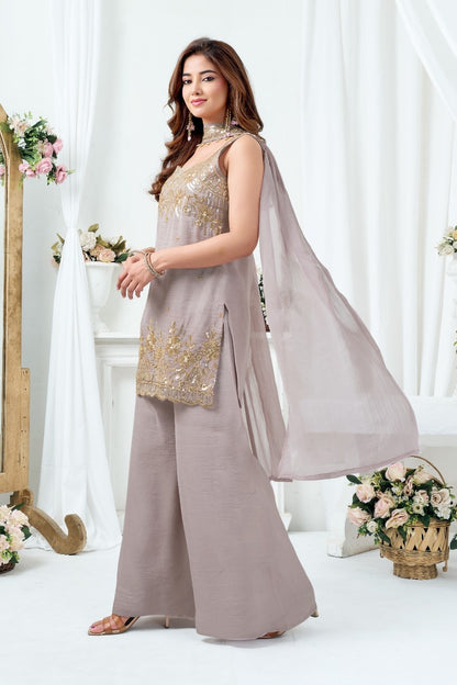 LooksValley Grey Beads Sequence Kurta Set with Palazzo & Dupatta | Women's Festive Party Wear Suit