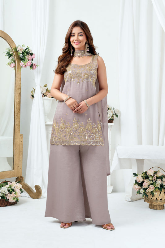 LooksValley Grey Beads Sequence Kurta Set with Palazzo & Dupatta | Women's Festive Party Wear Suit