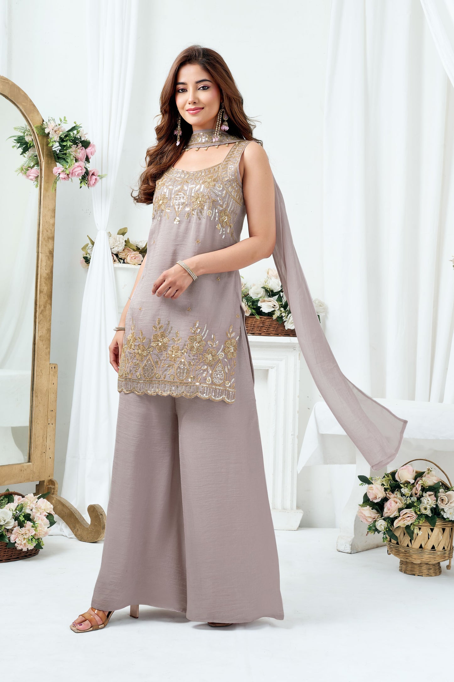 LooksValley Grey Beads Sequence Kurta Set with Palazzo & Dupatta | Women's Festive Party Wear Suit