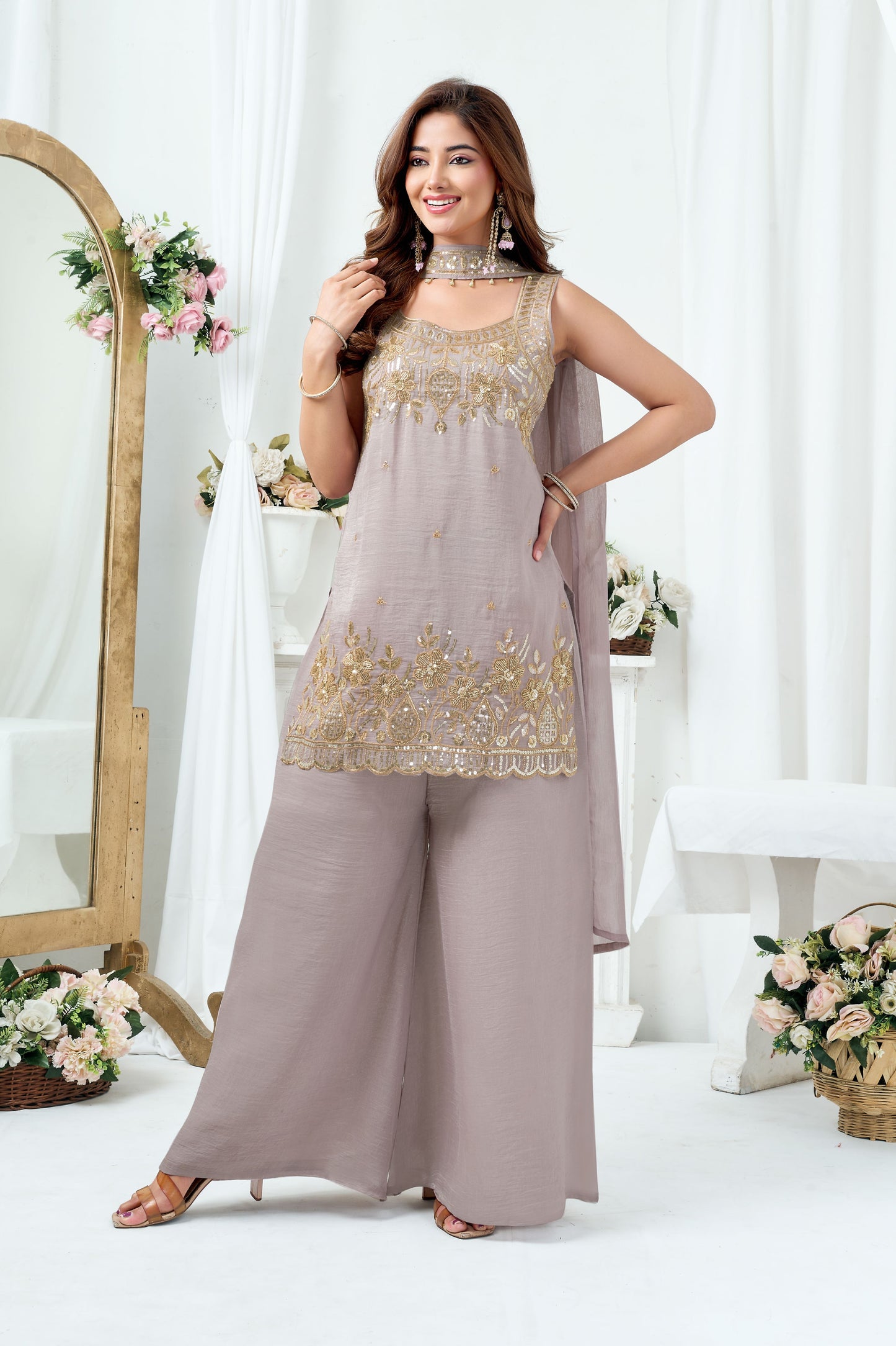 LooksValley Grey Beads Sequence Kurta Set with Palazzo & Dupatta | Women's Festive Party Wear Suit