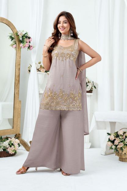 LooksValley Grey Beads Sequence Kurta Set with Palazzo & Dupatta | Women's Festive Party Wear Suit