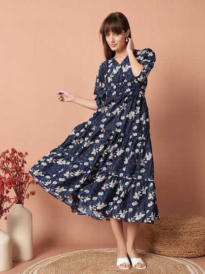 Women's Floral Printed Smocked Waist Tiered Midi Dress with V-Neck
