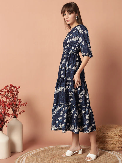 Women's Floral Printed Smocked Waist Tiered Midi Dress with V-Neck